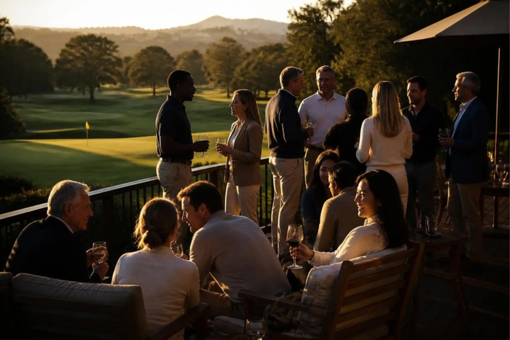 Une douzaine de membres de tous âges discutent sur la terrasse d'un golf au coucher du soleil, le parcours en arrière-plan
